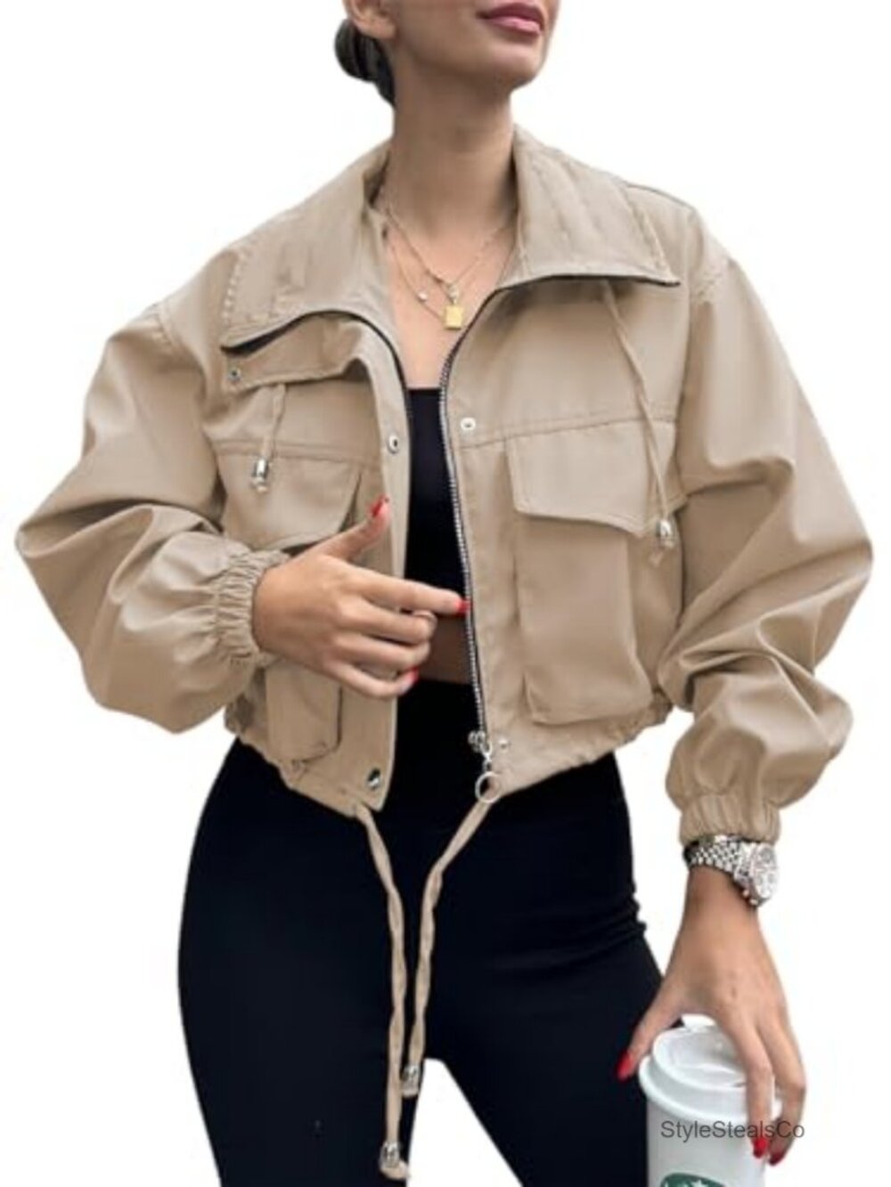 Women's Cropped Zip Up Lightweight Oversized Utility Anorak Jacket Polyester